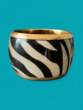 Vintage Zebra Print Wide Gold Tone Bangle Statement Bracelet Safari Glam